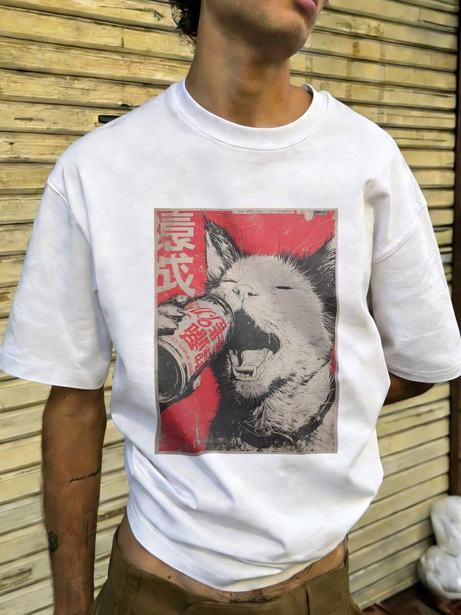 Fractyr Men's Fashionable Printed Loose Short Sleeve T-Shirt | Exquisite Design | Cat Element | Summer Essential | Easy To Match, Showcase Your Unique Style - White - View 1