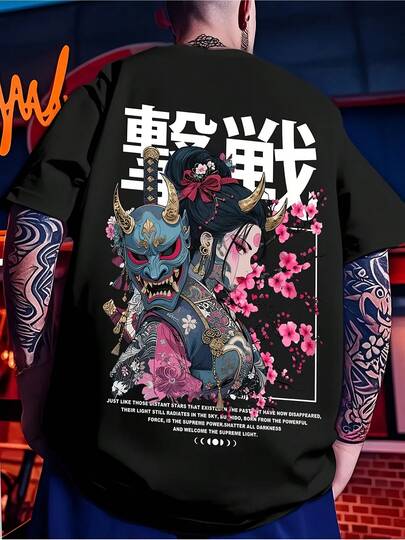 Japanese Ukiyo-e Samurai and Geisha Pattern Black T-shirt.Suitable for spring and summer wear, T-shirt is a casual and Chicy short-sleeved top.Suitable for spring and summer wear, T-shirt is a casual and Chicy short-sleeved top