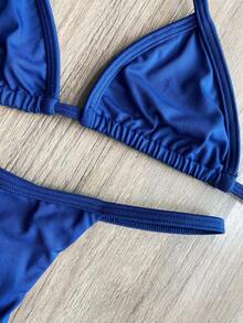 Triangle Bikini Top Without Padding, Thong Bottom, And Tan Line Tape. - Navy Blue - View 2