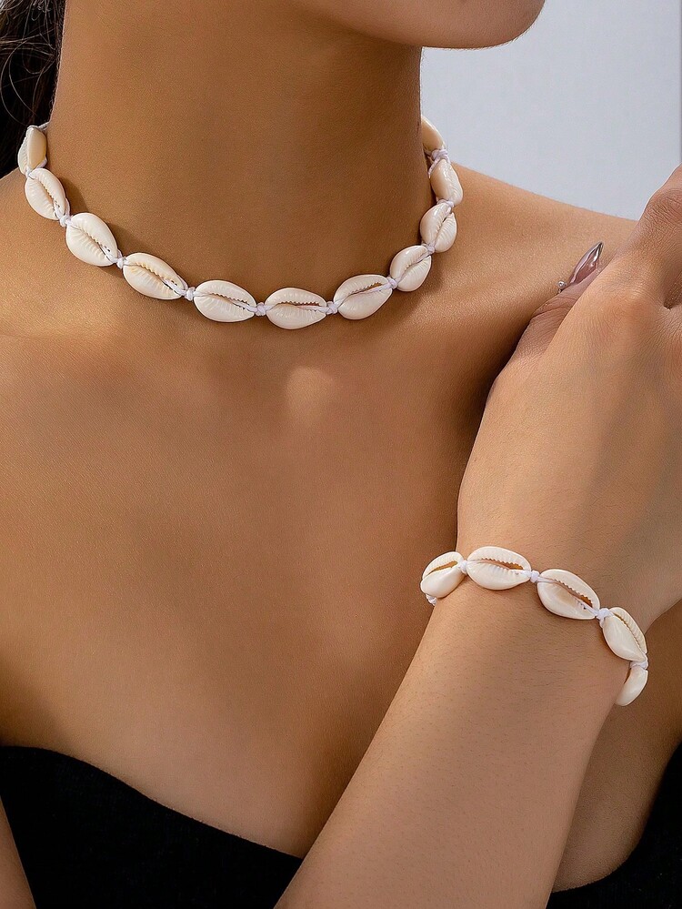 1 Set de collar, pulsera y joyería de conchas, estilo de playa para vacaciones de verano, conjunto de collar y pulsera de cuentas de conchas - Blanco - Añade 1