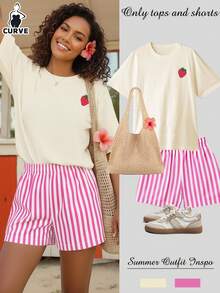 草莓印花女士加大码休闲宽松短袖T恤和条纹短裤两件套，女士套装，女式两件套，女士夏季套装，度假装，旅行装，沙滩风，简约度假装，优雅 - 杏色 - 查看 3