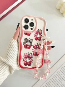Ốp điện thoại chống sốc màu kem, viền lượn sóng, bóng bẩy, họa tiết nơ anh đào, kèm vòng tay hạt cườm thủ công, tương thích với iPhone 16/11/16pro/16plus/16promax/16e/15Promax/13/14/12/XS/XR/7G/8P, Galaxy 11/12Pro/12/12X/13Pro/14Pro/15Pro, Note 10/9/Note9/12c/Note11pro/Note8Pro, phiên bản quốc tế, không phải phiên bản nội địa. - Nhiều màu - Xem 3