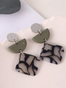 1 paire de boucles d'oreilles pendantes en argile polymère texturée noire faux marbre carrée, faites à la main, avec des accessoires géométriques. Style unisexe audacieux, convient pour les vacances, les fêtes, le port quotidien et comme cadeau. - Multicolore - Voir 8