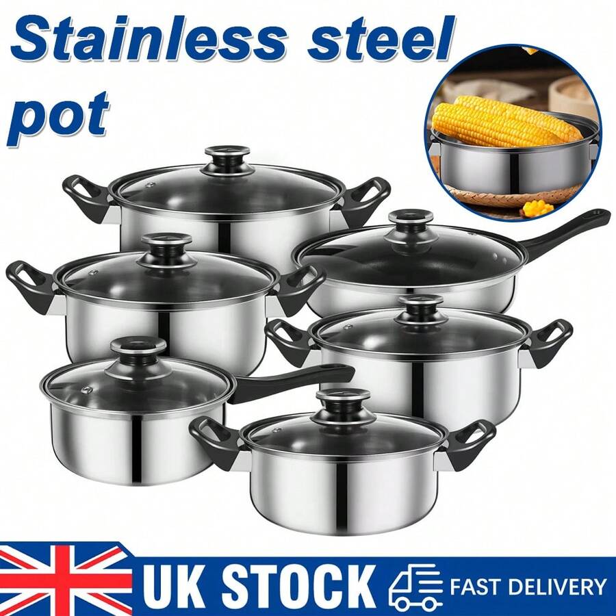 12Pcs Stainless Steel Saucepan Essential Cookware Set With Glass Lids & Sturdy Handles Pot,Kitchen Cook Home Chef Cooking Sauce Pan ,Gifts