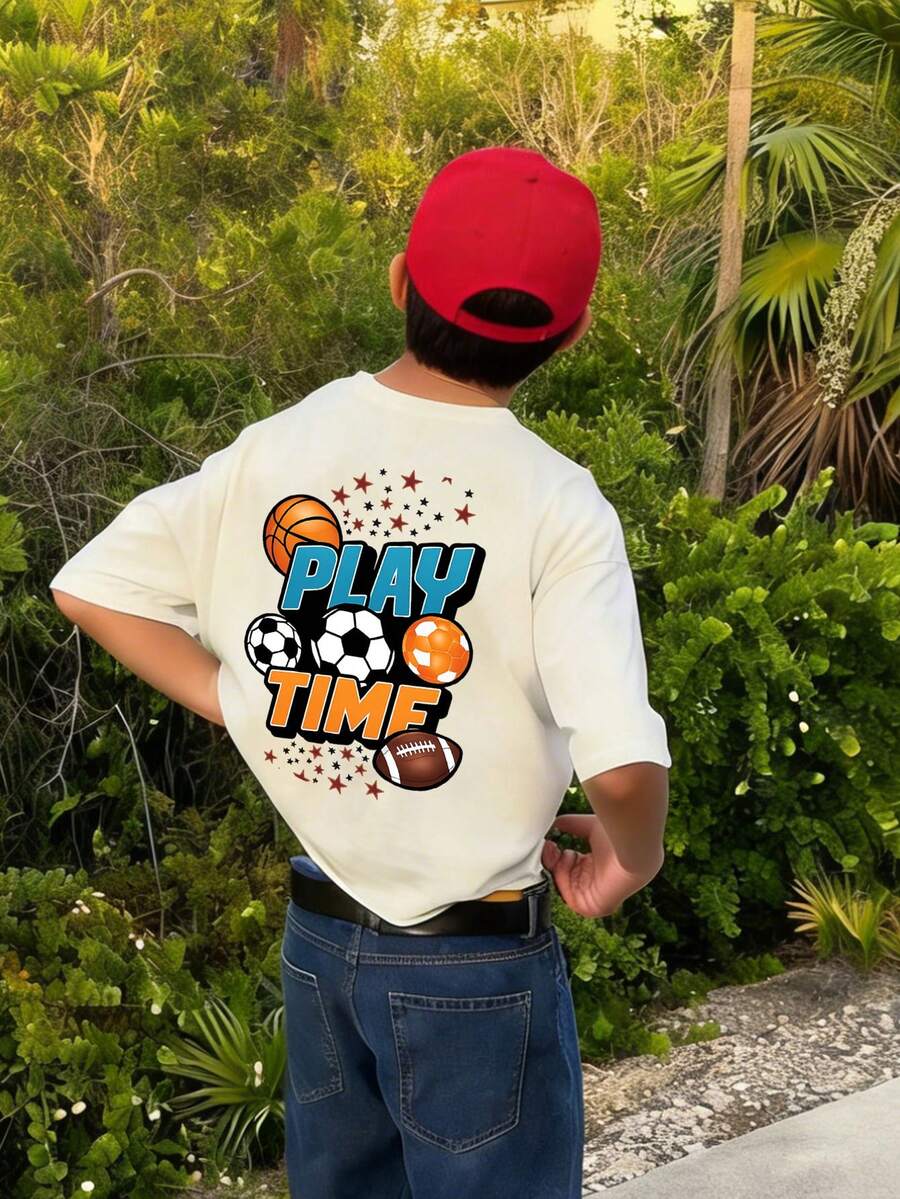 Camiseta de cuello redondo de manga corta con estampado informal para niños preadolescentes, top de verano - Albaricoque - Ver 1