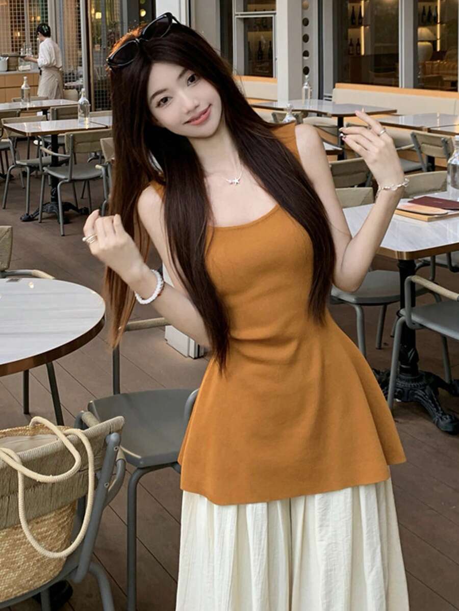 Y6Y Spring New Arrival Minimalist Sexy Style Orange Square Neck Sleeveless Backless Women Knit Top Summer - Coral Orange - View 1