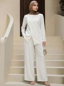 Livesso Women's Round Neck Long Sleeve Split Hem Top And Straight Leg Pants 2 Pieces Casual Set - White - View 4