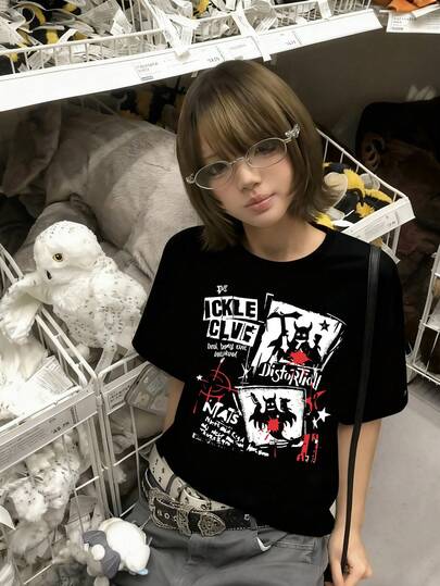 2026 Spring/Summer New Women's 1pc Casual Loose English Cartoon Print Colorblock Pattern Personality Fashion Versatile Round Neck Top