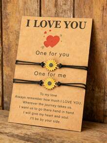 diffone 2件套手工编织绳手链吊坠黄色可爱花朵情侣手链男女情侣饰品 - 菊花手繩套裝 - 查看 1