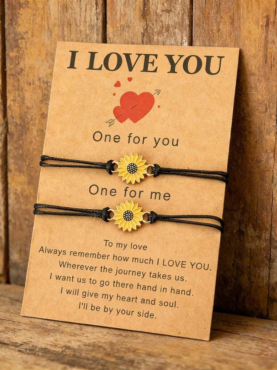 diffone 2件套手工编织绳手链吊坠黄色可爱花朵情侣手链男女情侣饰品 - 菊花手繩套裝 - 查看 1