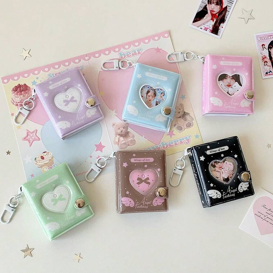 1 Piece Of Leopard Print Series Wings Bow Fish Cake Pattern Girl Heart Cartoon 2-Inch Pendant Small Photo Album, Student Bow Star Chasing ID Photo Card Album Storage Book