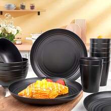 16件套防碎餐具套装，防裂餐具，可用于微波炉和洗碗机，可重复使用，黑色套装包含8个盘子、4个碗、4个杯子，非常适合户外露营和日常使用。 - 彩色 - 查看 3