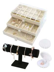 Large Capacity Anti-Oxidation Jewelry Box, High-End Exquisite Earrings, Necklaces, Bracelets Storage Box. Bow-Shaped Velvet Jewelry Holder, Bracelet Stand, Shell Ring Box - Multicolor - View 10