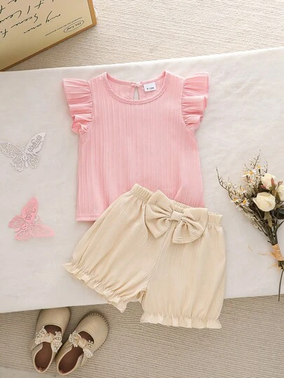 2pcs/Set Baby Girls' Sweet Textured Flutter Sleeve Top + Solid Color Cute Bow Ruffle Hem Shorts Set, Summer