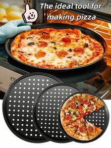 1pc 12-Inch Black Carbon Steel Pizza Baking Pan, Non-Stick Pizza Tray, Suitable For Pizza, Cake, Bread, Roast, With Holes, Round Baking Tray, Oven Tray, Pizza Dish, Pizza Mold, Baking Set - Multicolor - View 1