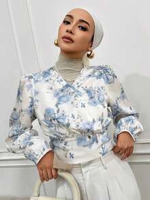 DAZY Áo kiểu nữ dài tay cổ chữ V in hoa bằng vải chiffon, áo dài tay, thích hợp cho mùa thu và nghỉ lễ. - Màu xanh lam - Xem 3
