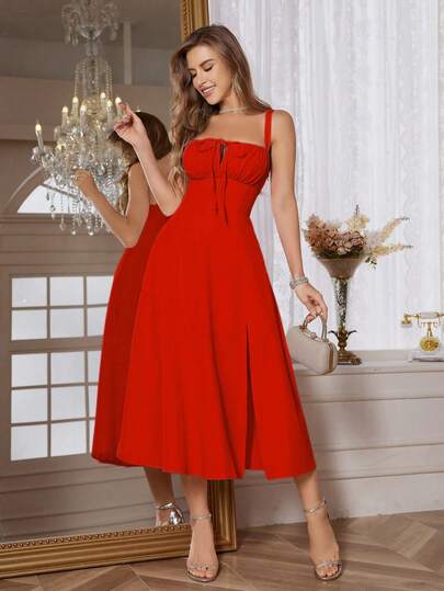 Women's Solid Color Spaghetti Strap Bodycon Maxi Dress With High Thigh Split & Adjustable Back Tie, Perfect For Summer Vacation, Beach, Cocktail Parties, Garden Leisure & Travel