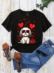 Dog With Hearts And Flower Graphic T-Shirt For Women, Oversized Crewneck Tees Casual Wear, Spring Cotton Tops Short Sleeve, Summer Basic Tees, Funny Clothes For Women - 黑色 - 查看 2