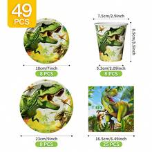 恐龙丛林探险一次性餐盘、餐巾纸、杯子套装，派对用品，可供8位客人使用，一次性纸盘，派对餐具，适合生日、婚礼、主题派对、家庭野餐等场合。 - 彩色 - 查看 2