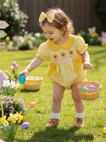 Conjunto de ropa de Pascua para niña bebé, mono bordado de pollito de manga corta con diadema, ropa para recién nacida - Amarillo - Ver 1