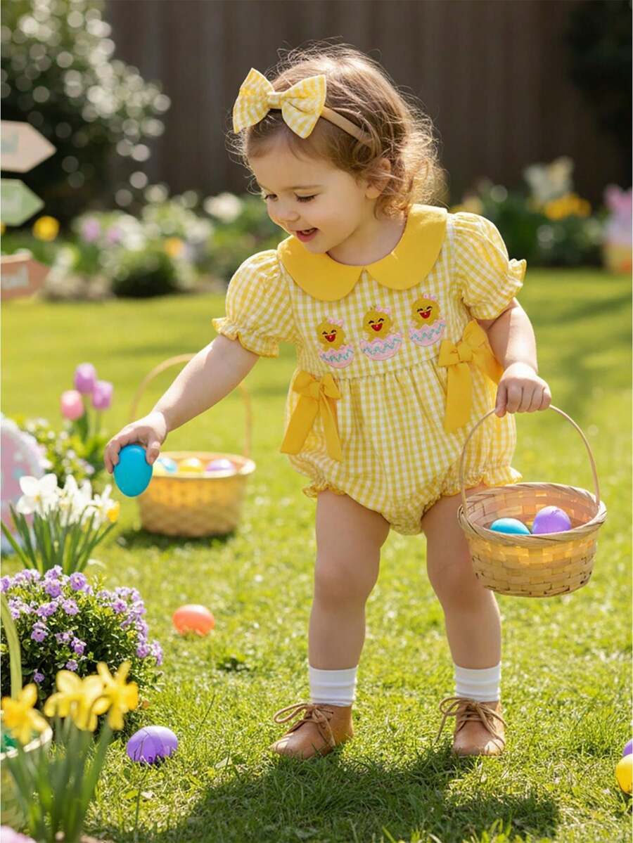 Conjunto de ropa de Pascua para niña bebé, mono bordado de pollito de manga corta con diadema, ropa para recién nacida - Amarillo - Ver 1