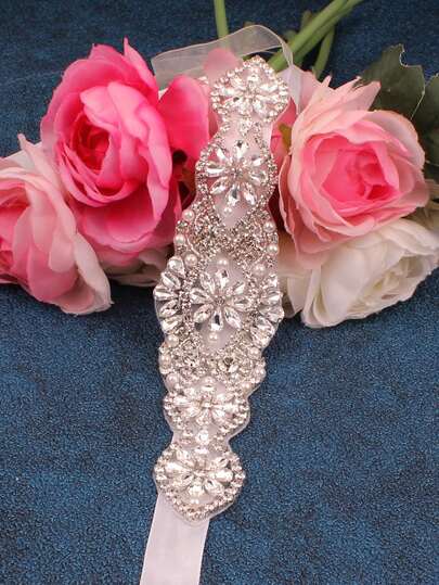 1pc Rhombus Pattern Vintage Glass Bridal Waist Belt, Wedding Dress Rhinestone Waist Sash, Formal Gown Accessory