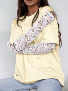 复古宽松T恤+蕾丝长袖小众叠层甜辣风修身女式休闲上衣 - 黃色 - 查看 4