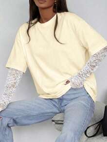 复古宽松T恤+蕾丝长袖小众叠层甜辣风修身女式休闲上衣 - 黃色 - 查看 5