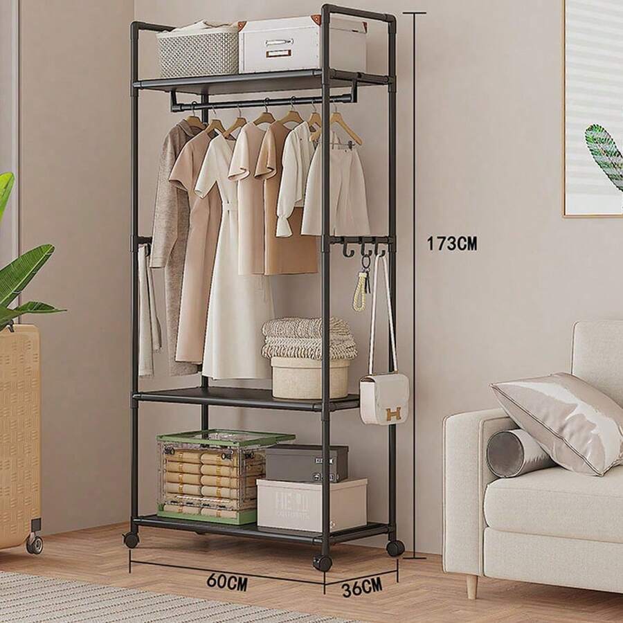 Multifunctional Clothes Rail Garment Hanging Stand Shoe Rack Home Storage Shelf - Black - View 1