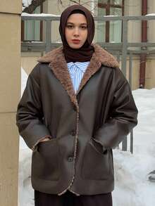 Livesso 保暖内衬宽松拼接长袖翻领口袋休闲街头风女式常规夹克，秋冬女式外套 - 棕色 - 查看 9