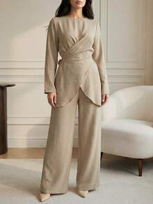 Bộ đồ nữ thanh lịch màu kaki gồm áo tay dài thắt eo chéo phía trước và quần ống rộng thoải mái, thích hợp mặc đi làm và ở nhà, mùa xuân. - Kaki nhạt - Xem 7