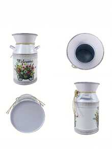 Jarrón de hierro forjado retro, jarrón de flores con estampado "Bienvenido" de estilo campestre, jarrón decorativo con doble asa de cuerda para arreglos florales, adecuado para ramos de flores realistas, cubeta de flores, pieza de decoración floral de escritorio del hogar, recipiente de decoración suave de estilo nórdico - 1PC - Ver 5