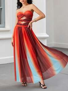Women Tie Dye Tube Maxi Dress Strapless Twist Front Hollow Out Long Pleatde Dress Elegant Mesh Gradirnt Dresses - Fiery Red - Xem 3