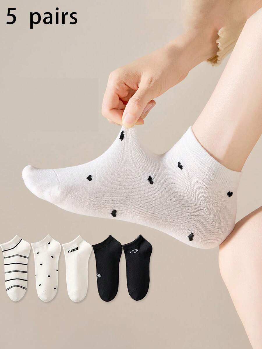 5 Pairs Women's Black & White Polka Dot, Striped, Printed Breathable Minimalist Ankle Socks, Suitable For Daily And Commute Wear, All Seasons - Multicolor - View 1