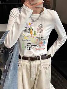 1pc Women's Round Neck Long Sleeve T-Shirt, Casual Slim Fit Countryside Style Pattern, Korean Chic Student Girl Vibe Top, Autumn/Winter - White - View 2