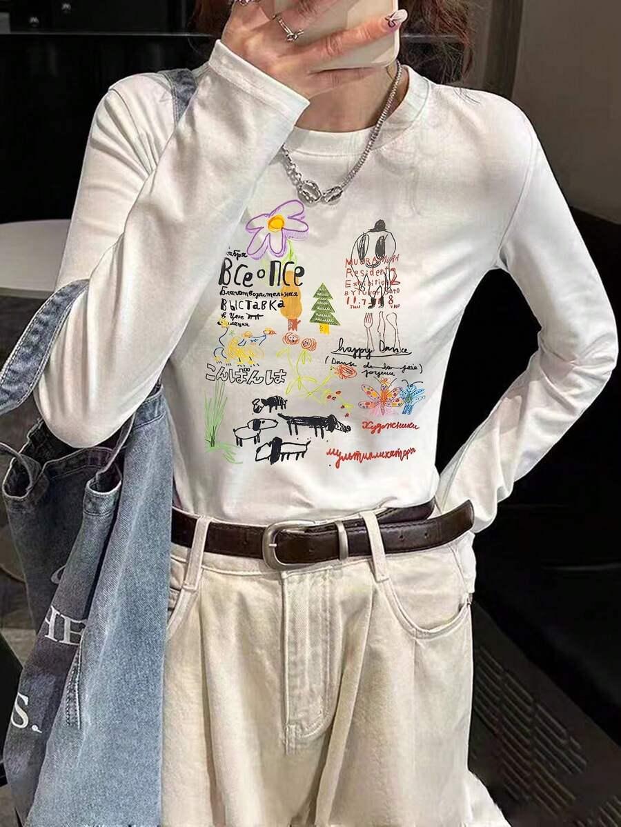 女士圆领长袖T恤，休闲修身乡村风图案，韩版学生妹风，秋冬款 - 白色 - 查看 1