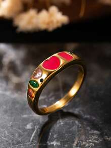 1 pieza Anillo de corazón de cristal colorido con estilo retro, joyería de acero inoxidable chapada en oro de 18K, adecuado para uso diario y para ir al trabajo - Amarillo Oro - Ver 4