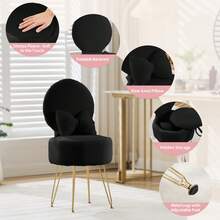 Dressing Table Chair With Storage, Flannel Vanity Stool With Foldable Backrest & Cushion, Modern Makeup Chair For Bedroom With Metal Legs, Black - Black - View 6