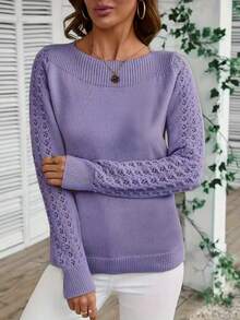 Women's Minimalist Hollow Out Knit Sweater, French Elegant Slim Fit For Commuting And Casual Layering - Purple - View 5