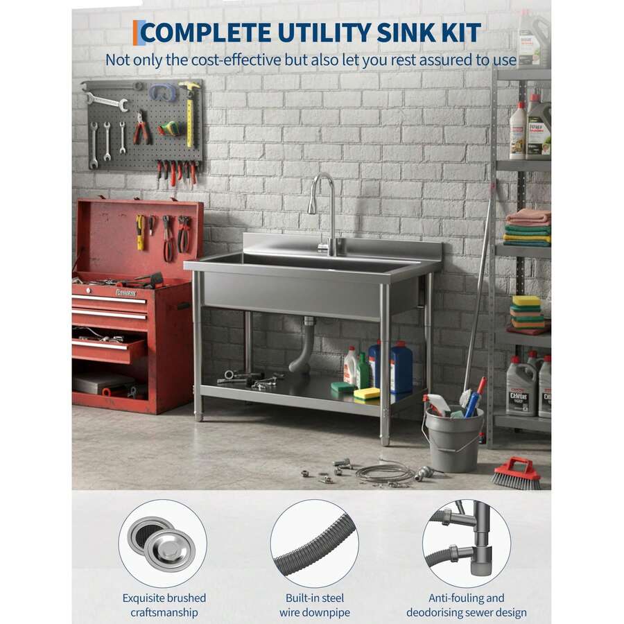 Fregadero de acero inoxidable, 90 cm de ancho x 60 cm de profundidad x 80 cm de alto, de una sola cubeta, independiente, con salidas de agua fría y caliente, para uso en interiores y exteriores, ideal para cocina y lavandería. - Azul y blanco - Ver 1