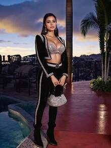 Women's Elegant Solid Color Party Rhinestone Jumpsuit, 3 Pieces Set Wedding Spring Black - Black - View 4