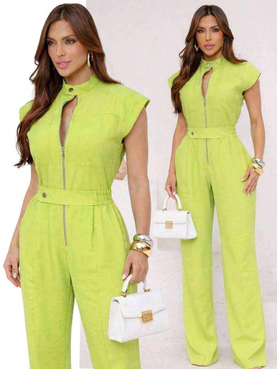 Women's Long Cargo Jumpsuit With Front Zipper, Elegant Tailoring 9687 - WGSN xanh - Xem 1