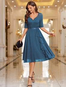 MIUSOL Sweetheart Neck Floral Lace Ruffle Hem Cocktail Party Dress - Dusty Blue - View 9