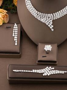 1 Set Luxury Elegant Cubic Zirconia Interlocking Design Jewelry Set, Suitable For Women's Wedding And Banquet Wear, Includes 1 Pair Earrings, 1 Necklace, 1 Bracelet, 1 Ring, Excludes Gift Box - Silver - View 2