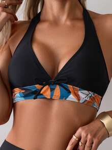 Summer New Fashion Bikini Set Women Two Pieces Swimsuit Bowknot Tropical Print Halter Tankini Bottoms Adjustable Tie Side Swimwear - Black - View 5