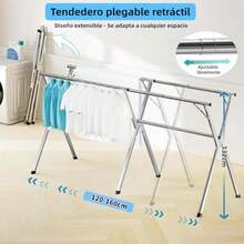 Tendedero plegable acero inoxidable retráctil soporte secador ropa interior exterior tubería reforzada ganchos - plateado - Ver 2