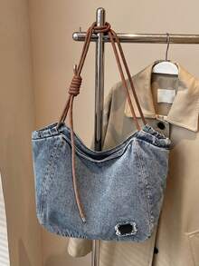 Fashionable Retro Popular Shoulder Bag, Simple Solid Color Large Capacity Casual Multifunctional Tote Bag, Niche Design Daily Generous Armpit Bag, Suitable For Shopping, Daily Outings, Gatherings, Commuting - Blue - View 9