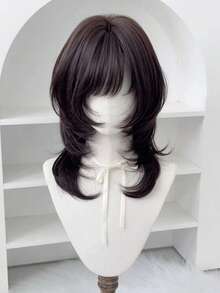 中长直发层次感假发，银灰白紫棕黑渐变色合成假发，自然层次感假发，女士彩色角色扮演派对假发，公主刘海，白色假发，高温丝合成长直发洛丽塔酒红色带刘海假发，可爱角色扮演派对万圣节原宿风假发 - 黑棕色 - 查看 2