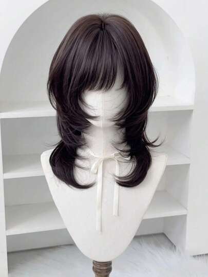 Medium Straight Layered Wigs Synthetic Silver Gray White Purple Brown Black Ombre Wigs Natural Layered Wig For Women Colorful Cosplay Party Fake Hair With Princess Cuts Bangs White Wig High Temperature Synthetic Long Straight Lolita Burgundy Wig With Bangs Wig Girl Cute Cosplay Party Halloween Harajuku Wig