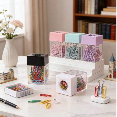 Macaron Color Plastic Transparent 3D Magnetic Paper Clip Storage Bucket